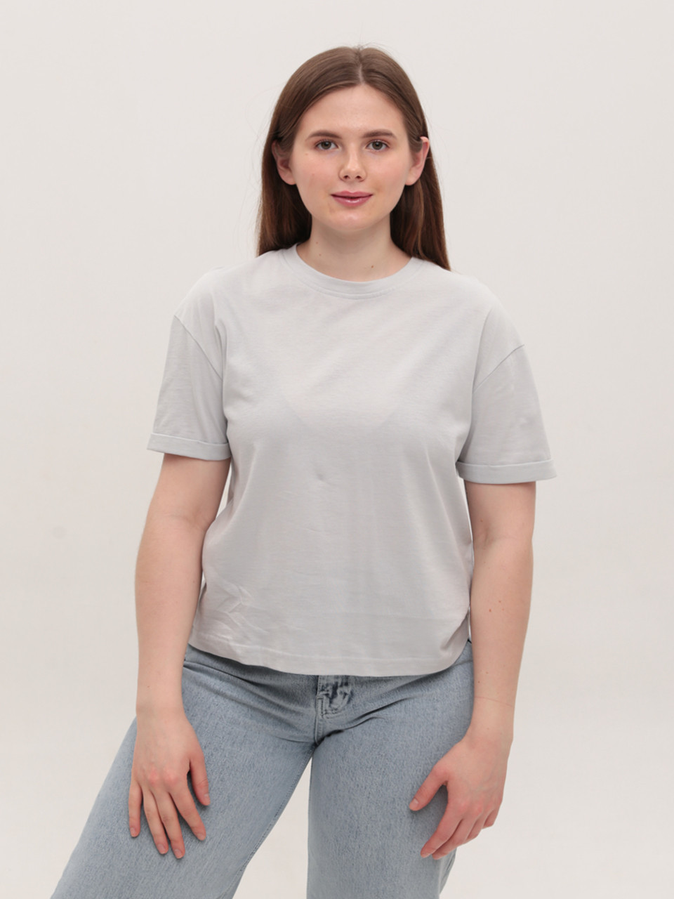 Футболка женская светло-серая прямая укороченная W-30-3