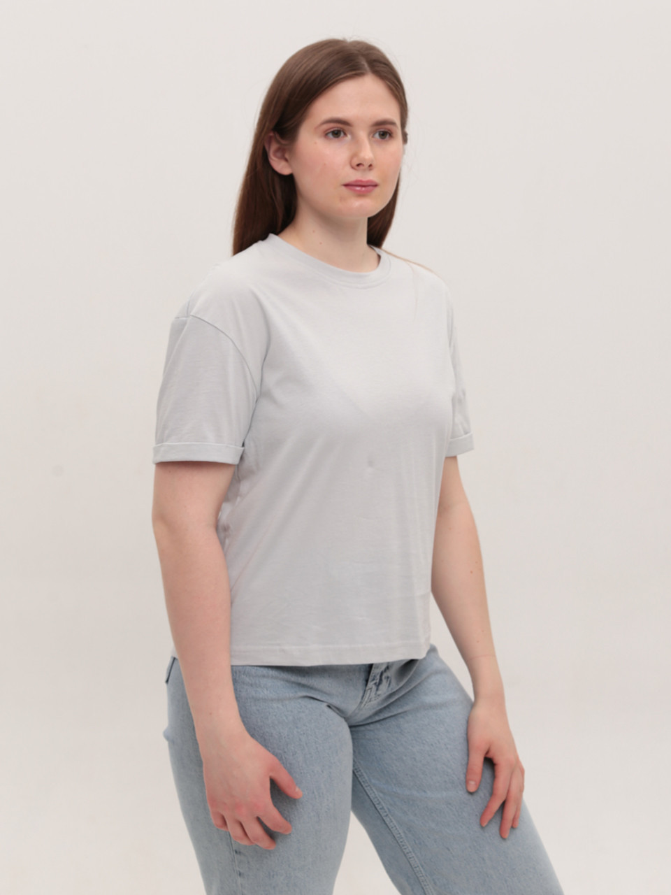 Футболка женская светло-серая прямая укороченная W-30-3