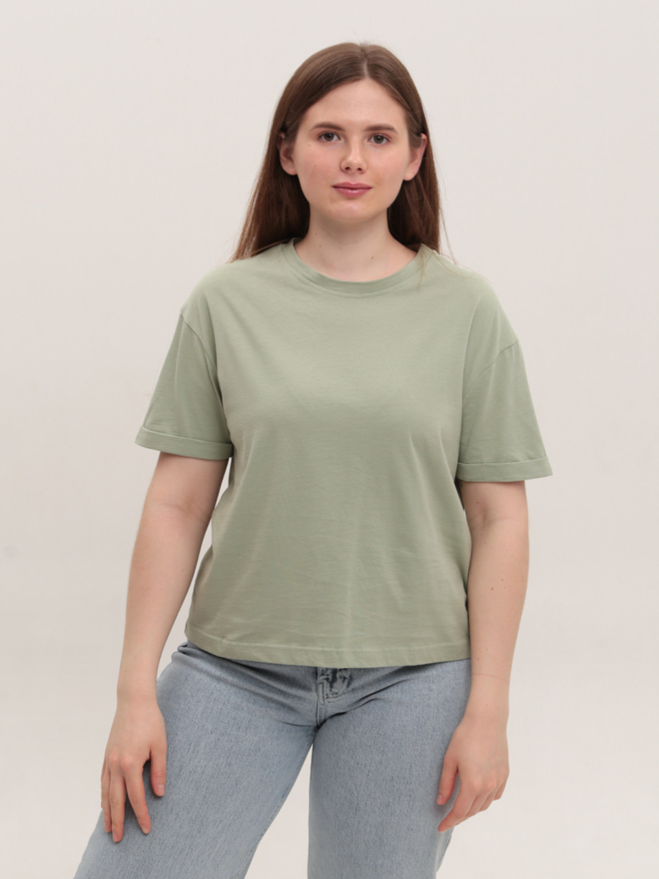 Футболка женская оливковая прямая укороченная W-30-4