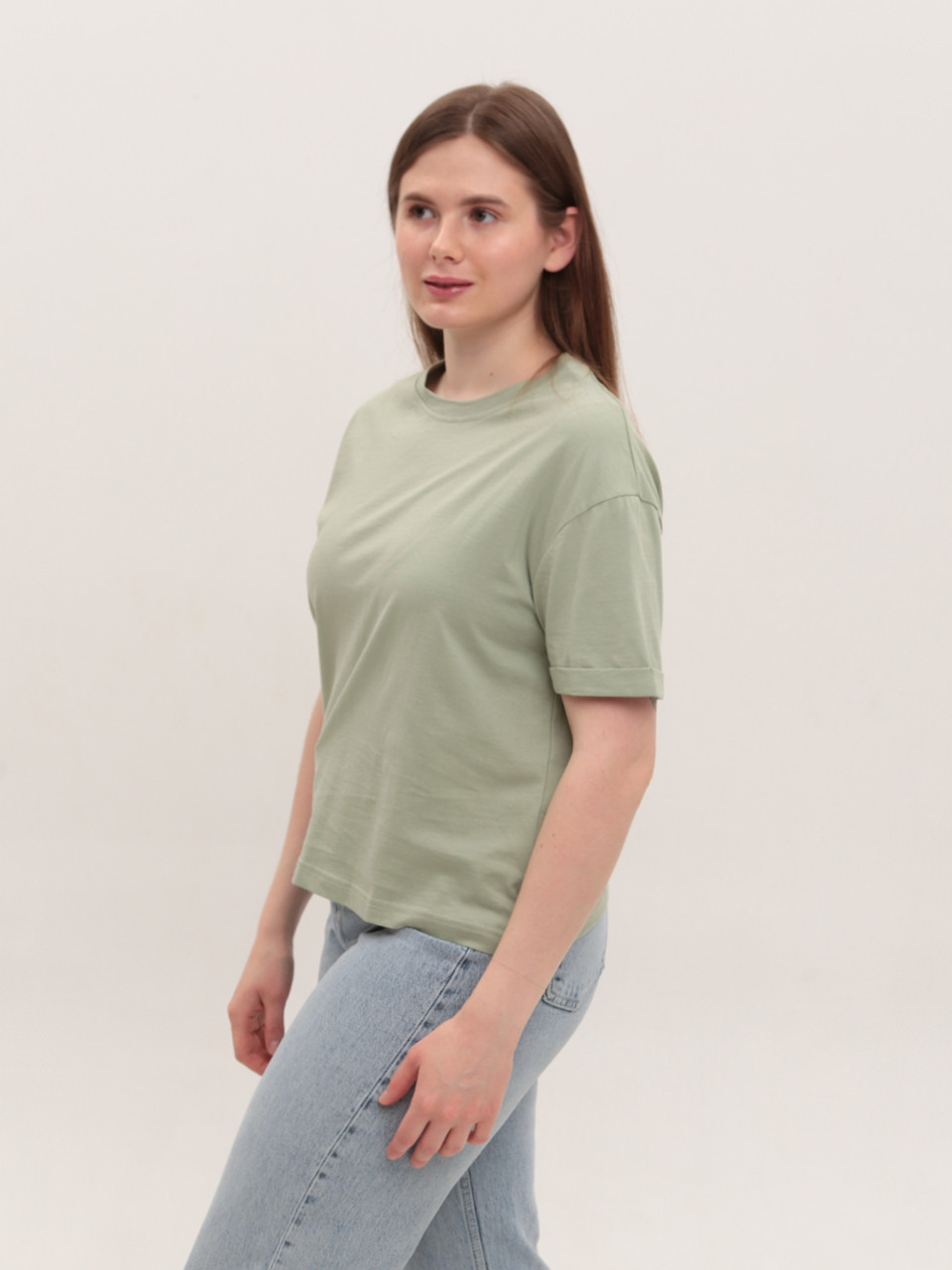 Футболка женская оливковая прямая укороченная W-30-4