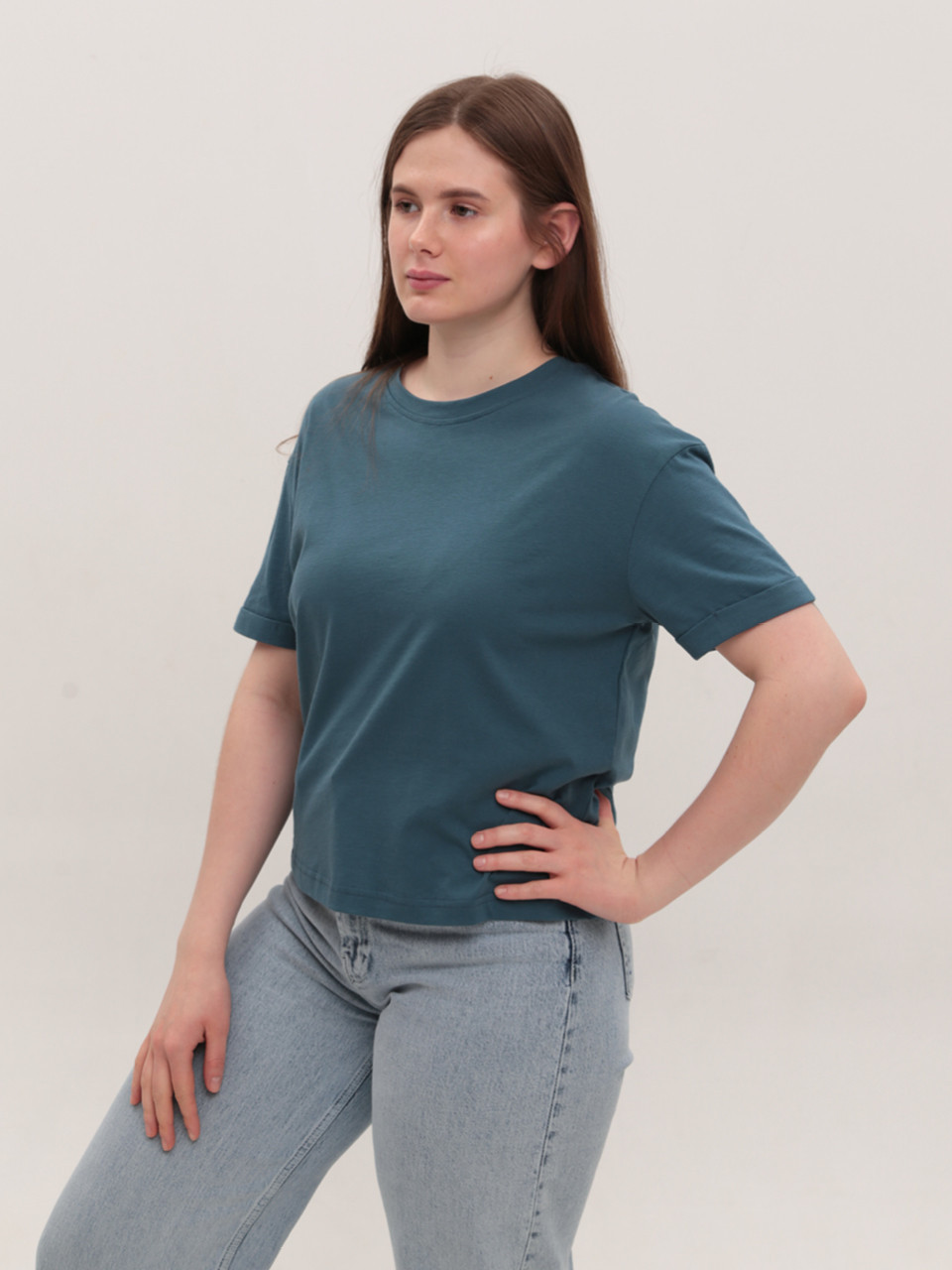 Футболка женская синяя прямая укороченная W-30-5