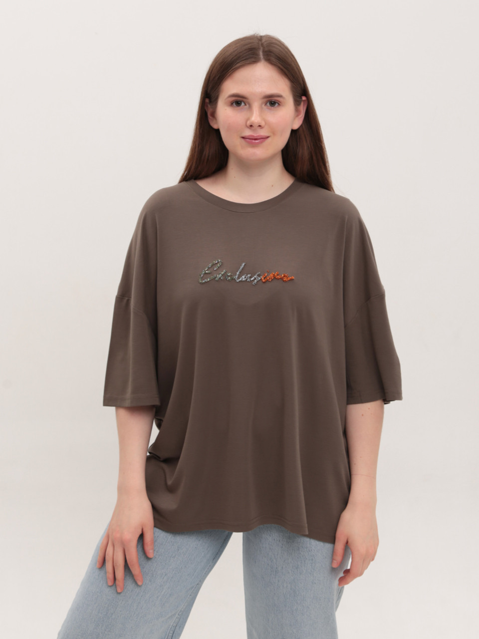 Футболка женская коричневая свободный фасон W-12-B-2-Т