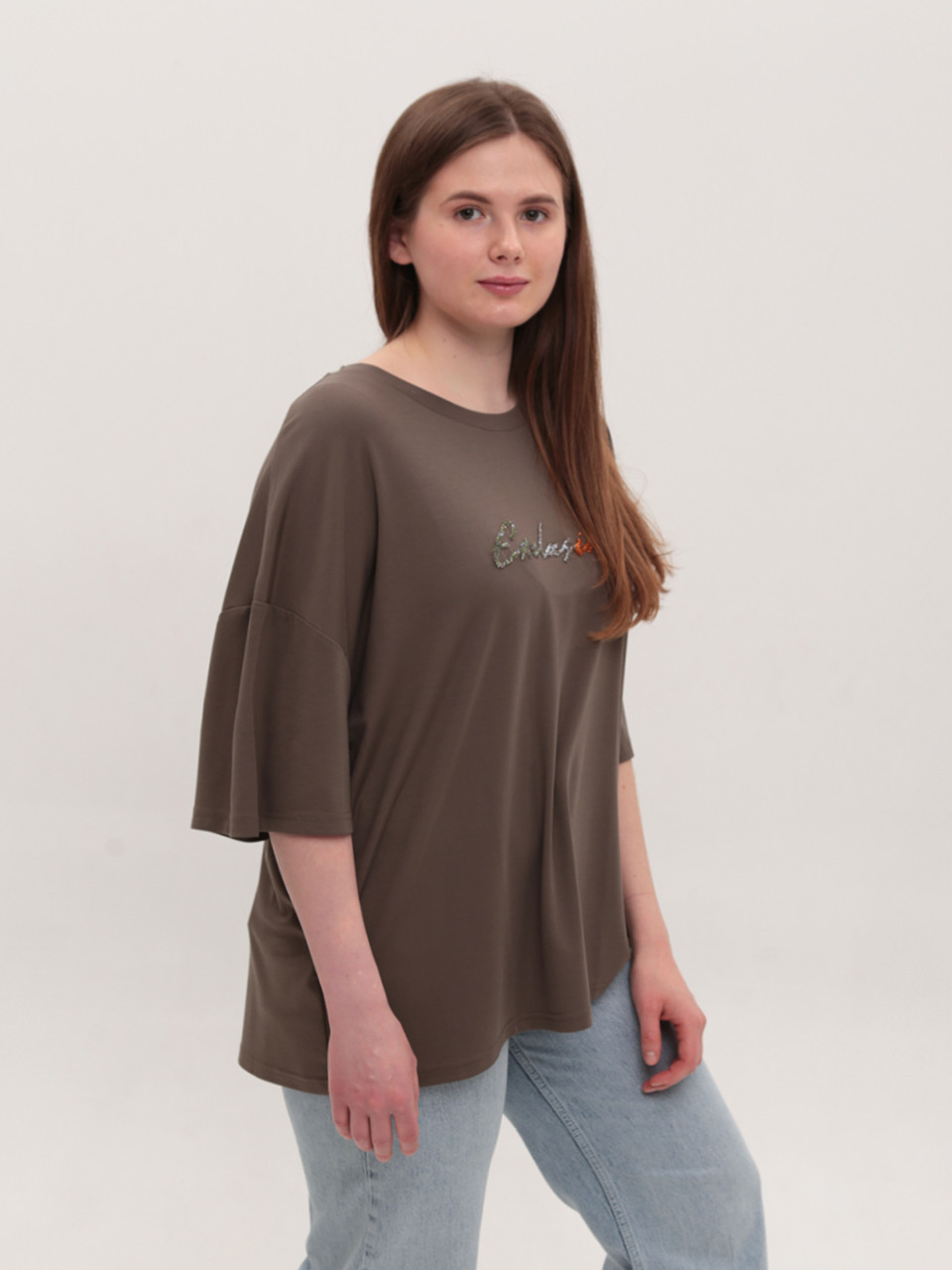 Футболка женская коричневая свободный фасон W-12-B-2-Т