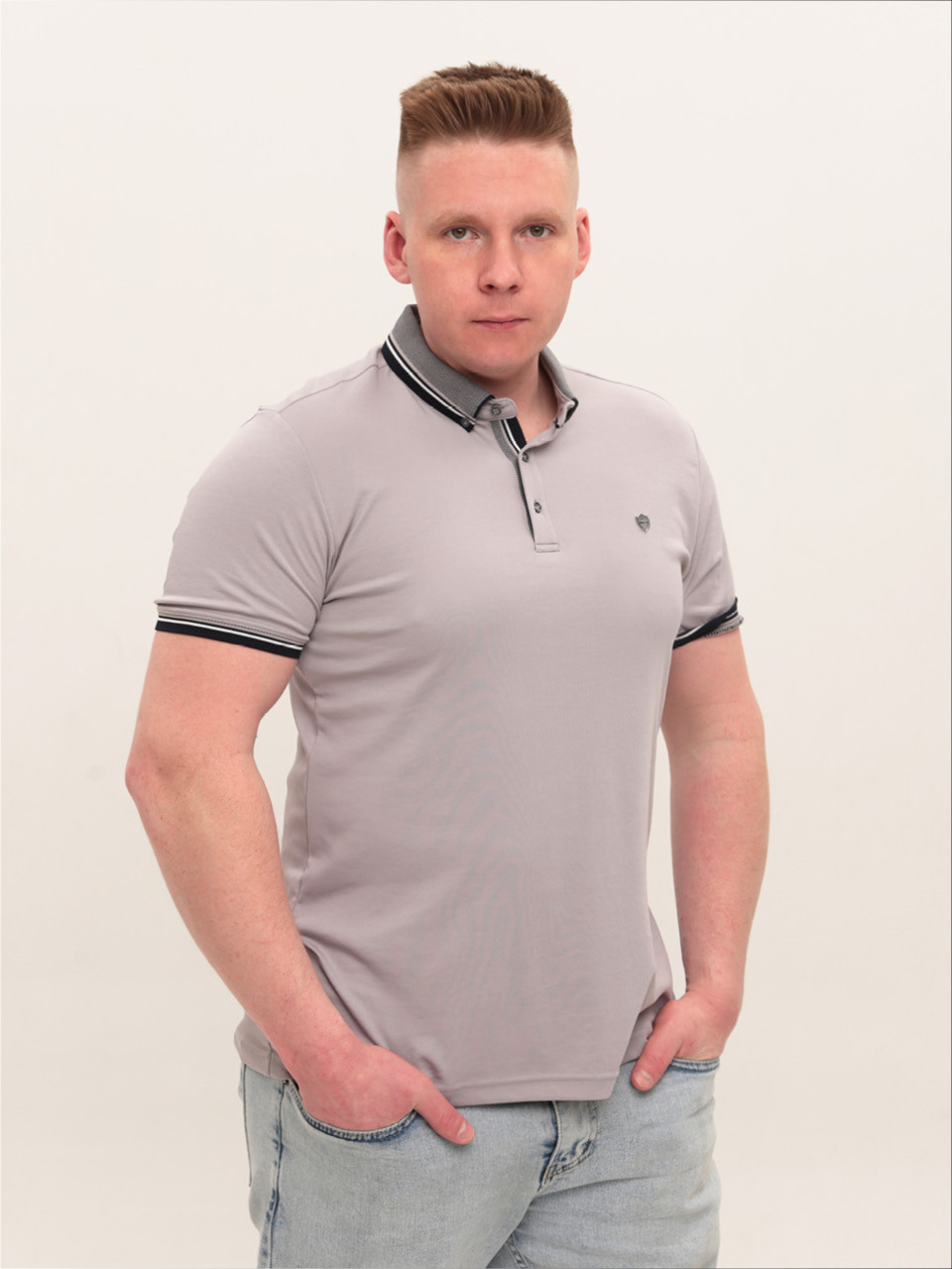 Поло чоловіче світло-сіре однотонне короткий рукав 9605-2