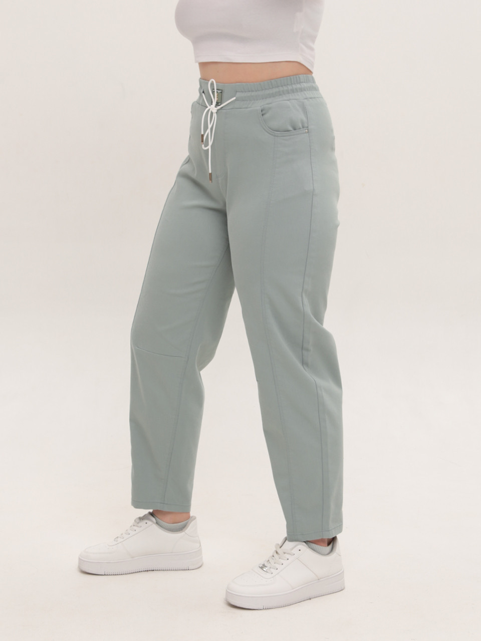 Штани жіночі оливкові банани тонкі з резинкою на поясі 1602-3