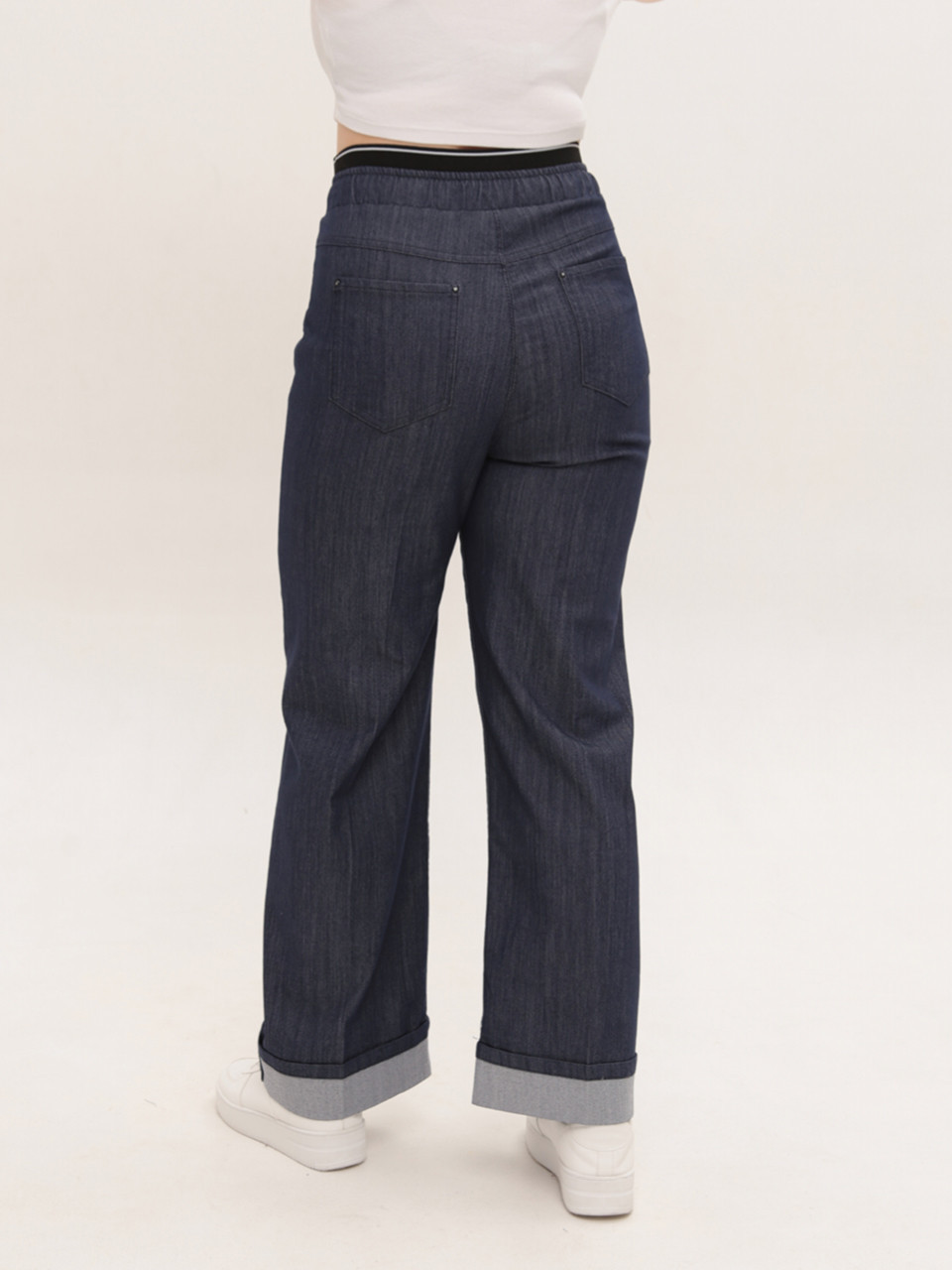 Джинсы женские темно-синие широкие тонкие с резинкой на поясе 1624-1