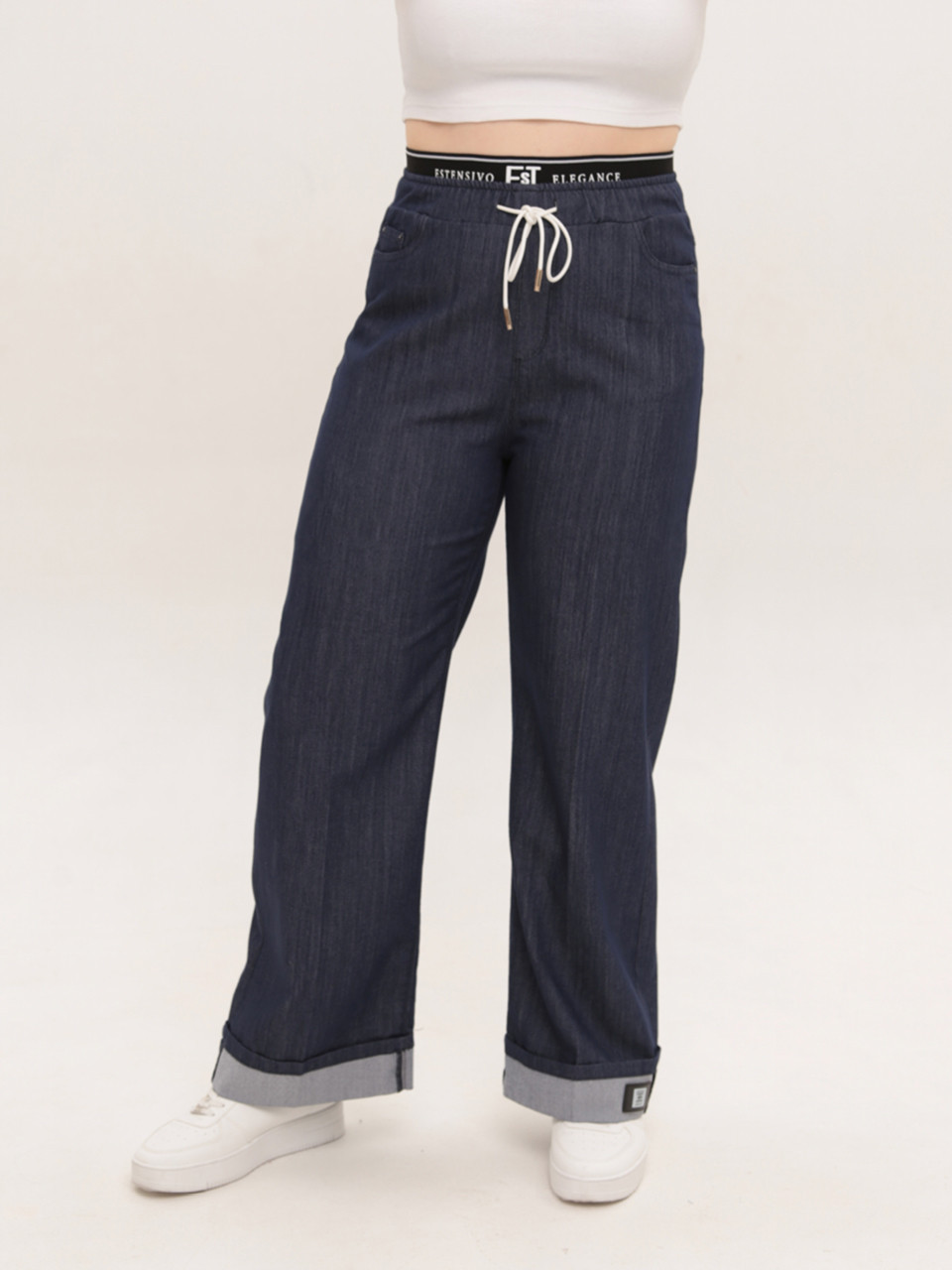 Джинсы женские темно-синие широкие тонкие большие размеры 1624-B-1