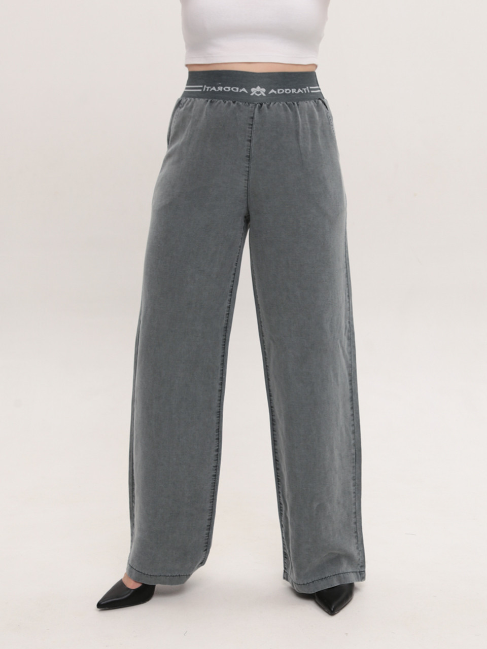 Штани жіночі оливкові тонкі широкі з гумкою на пояс 7739-2