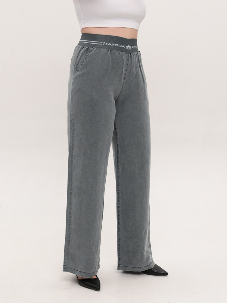 Штани жіночі оливкові тонкі широкі з гумкою на пояс 7739-2