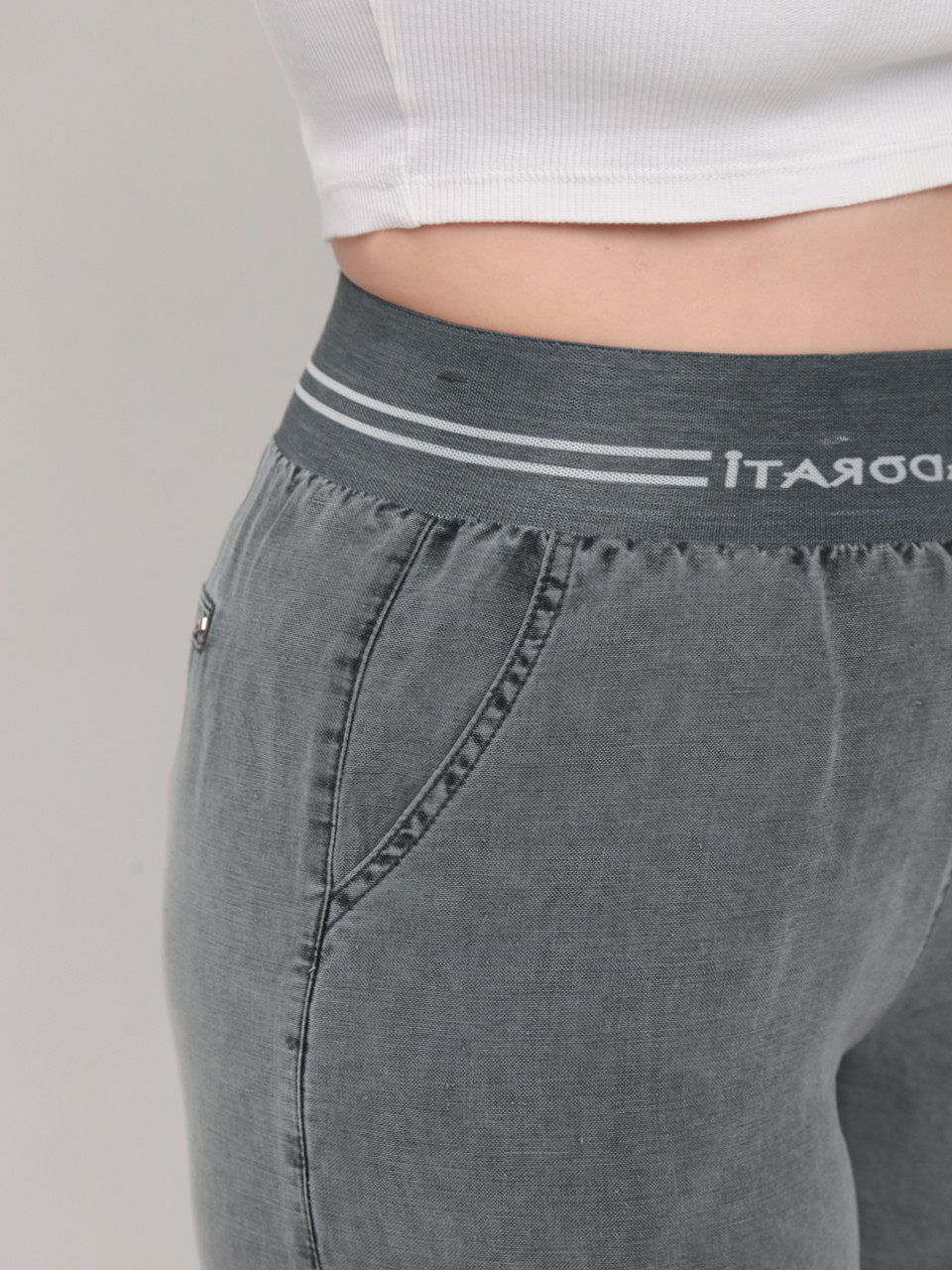 Штани жіночі оливкові тонкі широкі з гумкою на пояс 7739-2