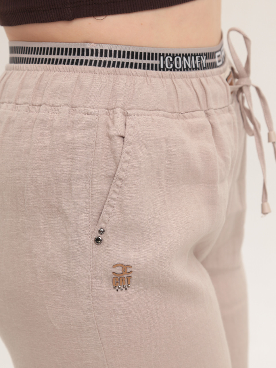 Штани жіночі бежеві широкі лляні на резинці 10507-1