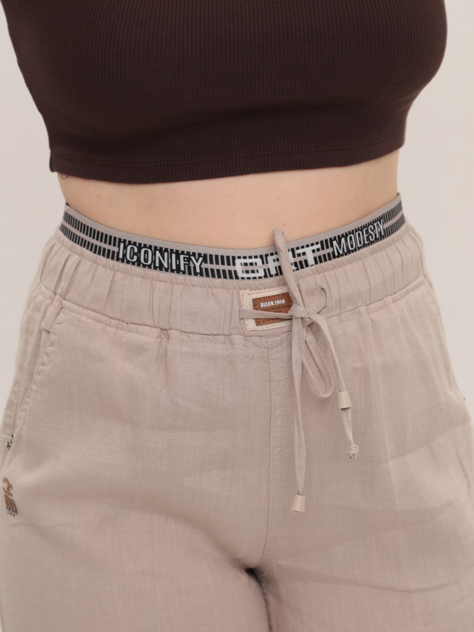 Штани жіночі бежеві широкі лляні на резинці великі розміри 20507-B-1