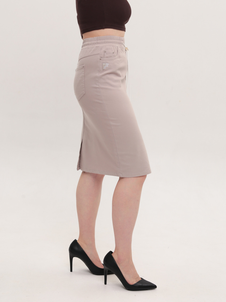 Жіноча спідниця бежева з гумкою на поясі великі розміри 3152-B-1