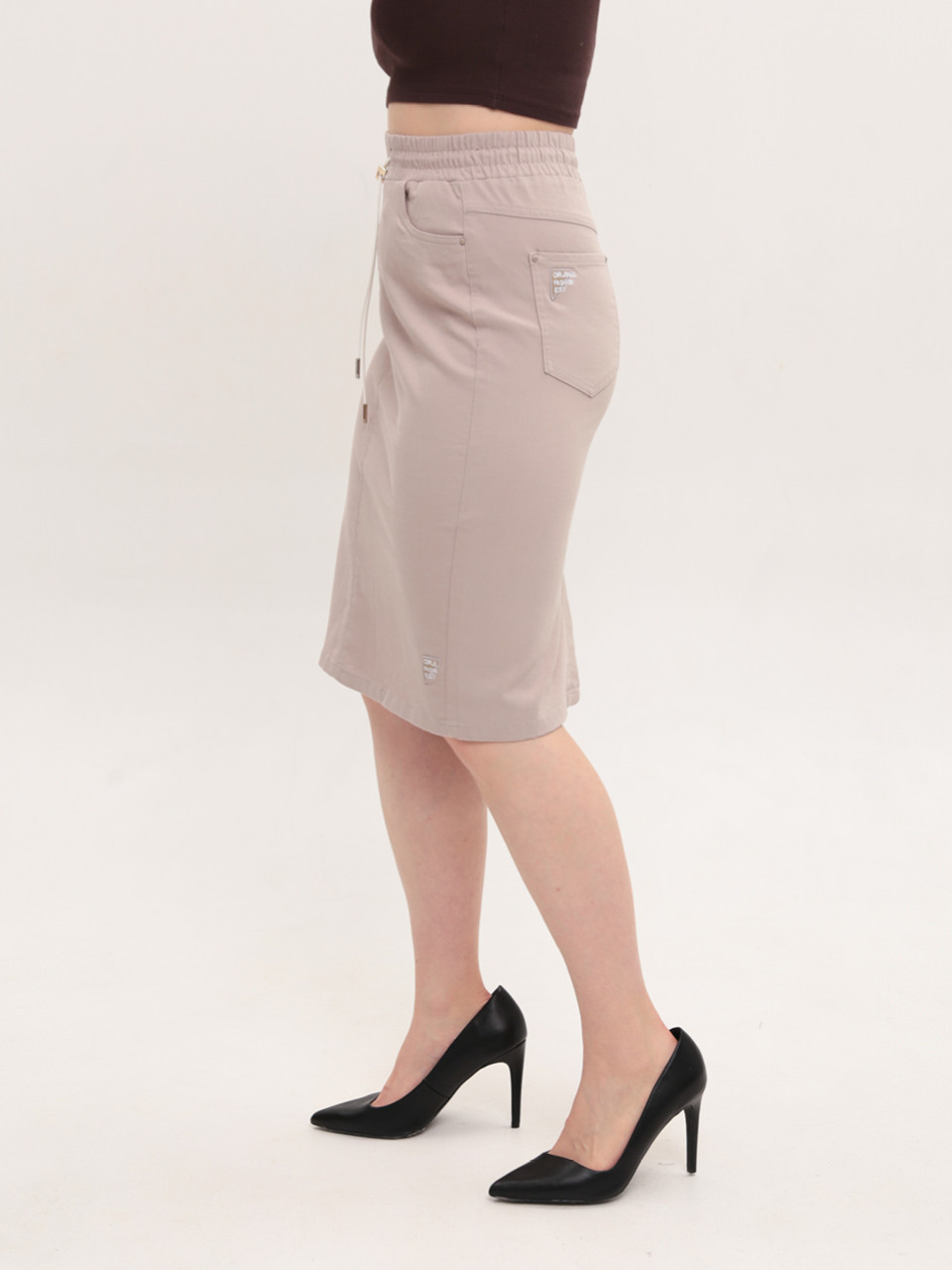 Жіноча спідниця бежева з гумкою на поясі великі розміри 3152-B-1