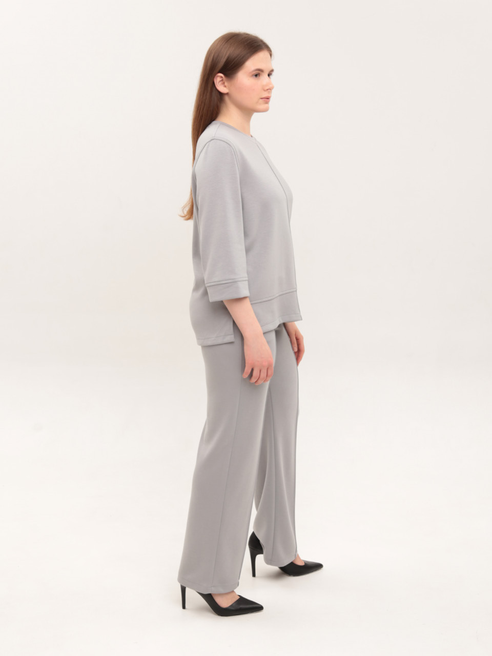 Костюм женский серый повседневный с широкими брюками 2364-5
