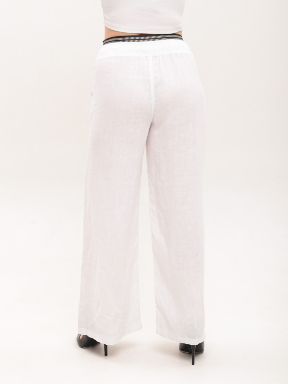 Штани жіночі білі лляні широкі на резинці 10507-2