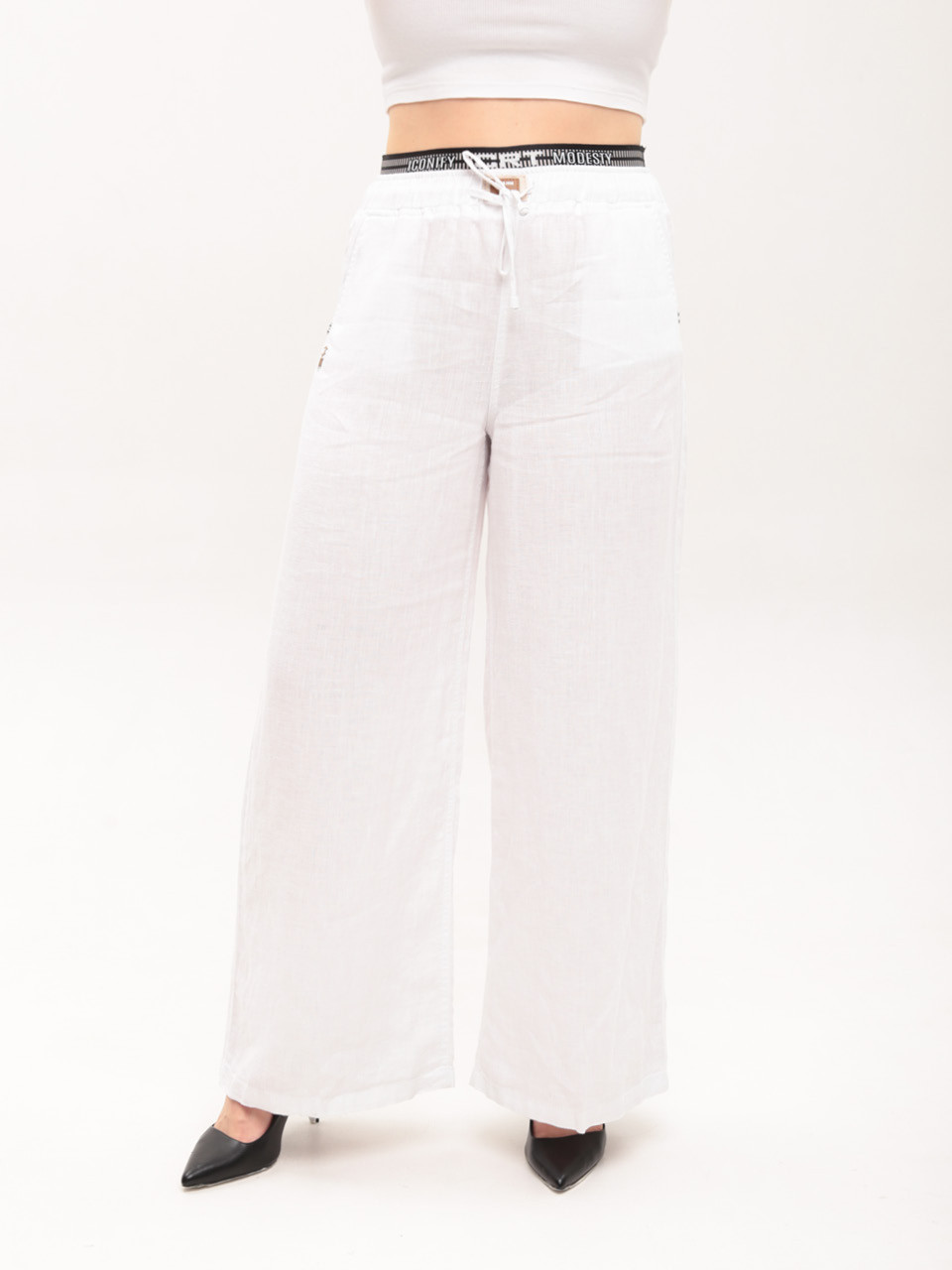 Штани жіночі білі лляні широкі на резинці 10507-2