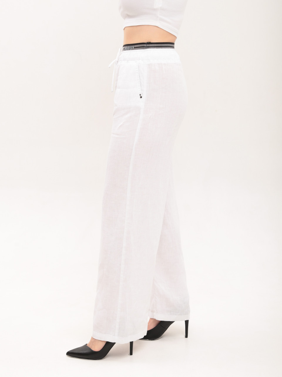 Штани жіночі білі лляні широкі на резинці 10507-2
