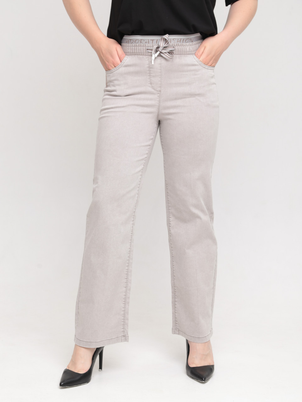 Джинси жіночі прямі світло-бежеві тонкі на резинці 7440-B-1