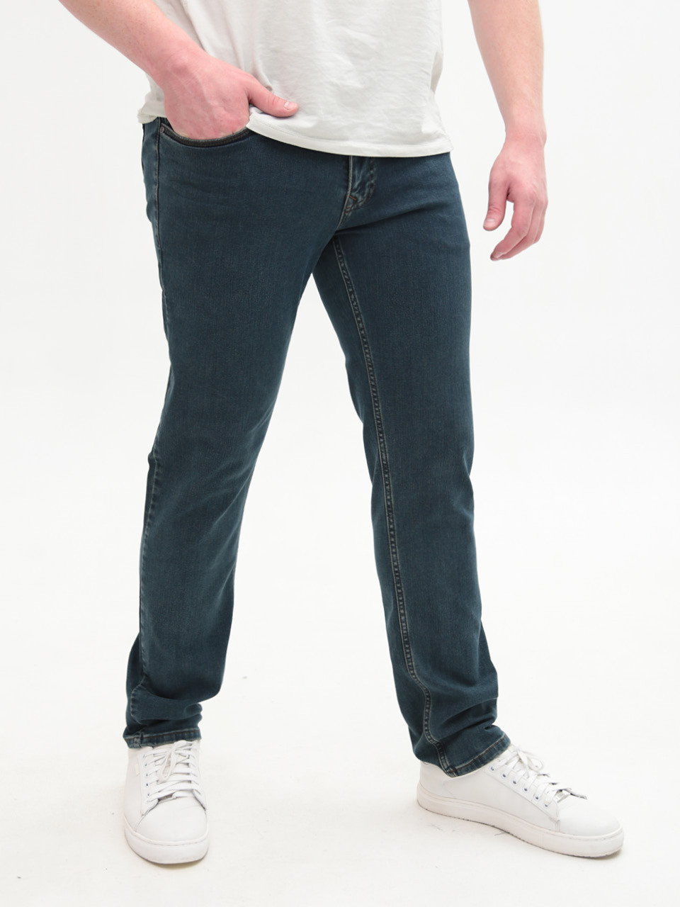 Джинсы мужские сине-зеленые слим со стрейчем 4401