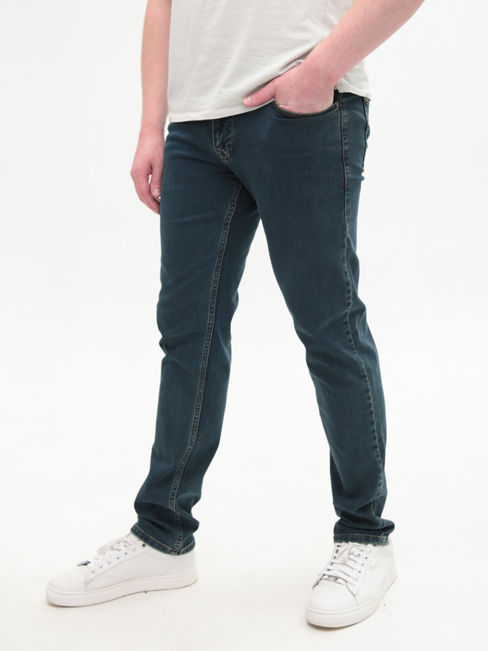 Джинсы мужские сине-зеленые слим со стрейчем 4401