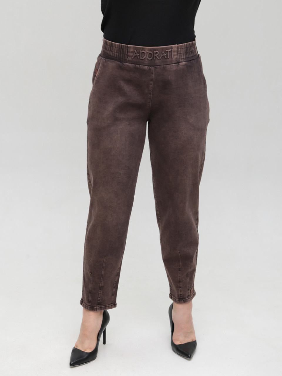 Джинсы женские коричневые бананы с резинкой на поясе 7829-5