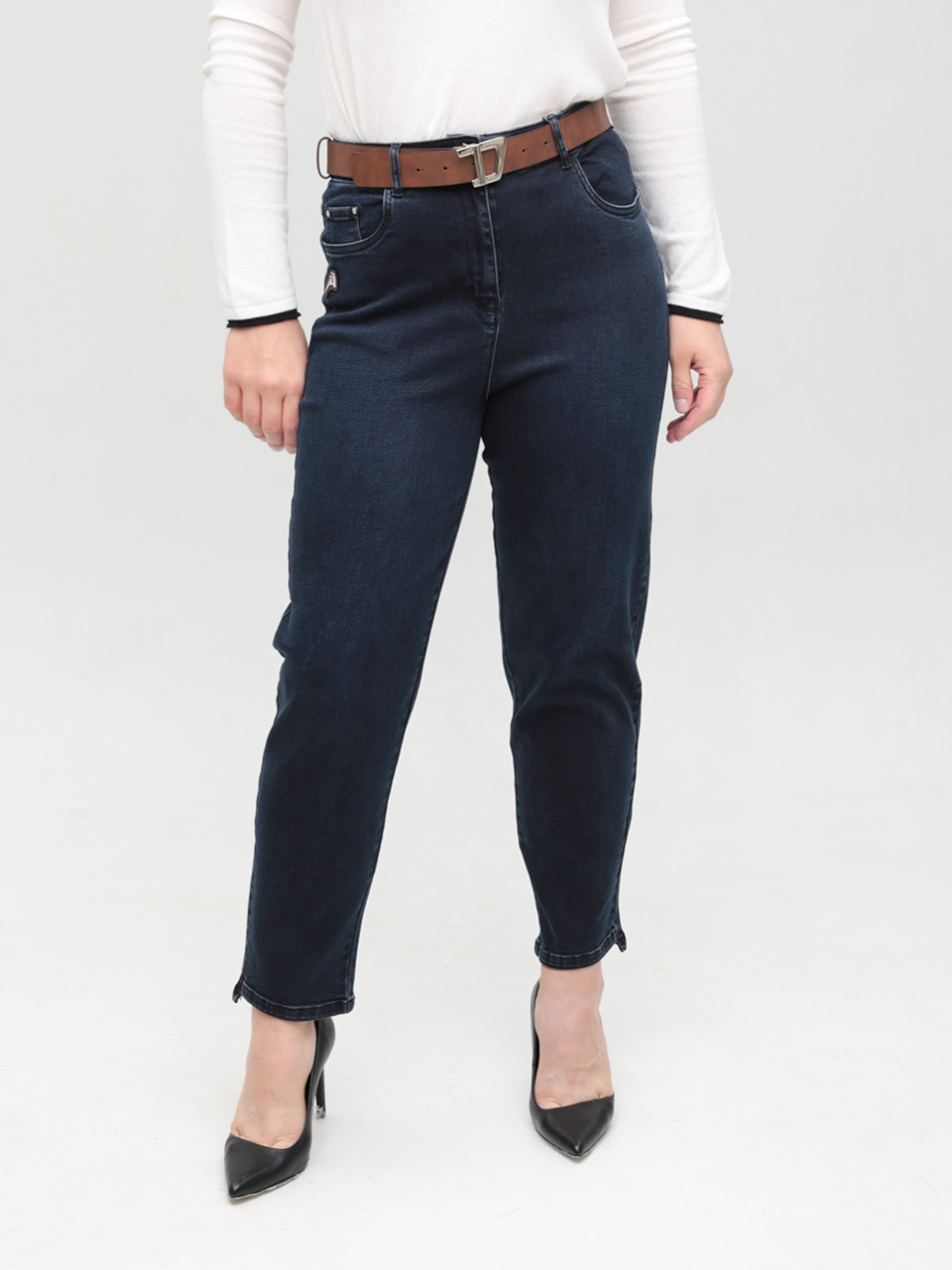 Джинси жіночі темно-сині МОМ із стрейчем великі розміри 7826-B-1
