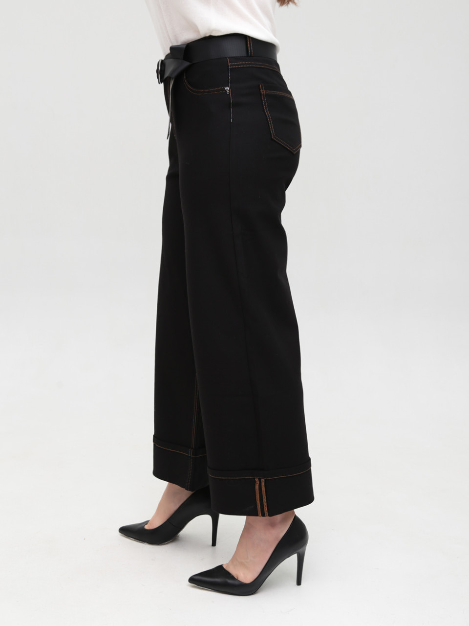 Брюки женские черные широкие с подворотами внизу большие размеры 20575-B-2