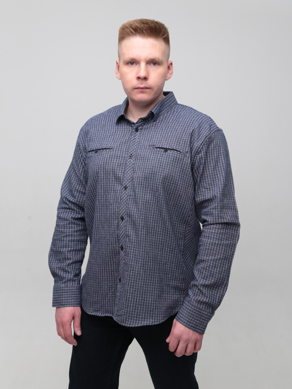 Сорочка чоловіча синя в клітинку великий розмір 5505-B-1