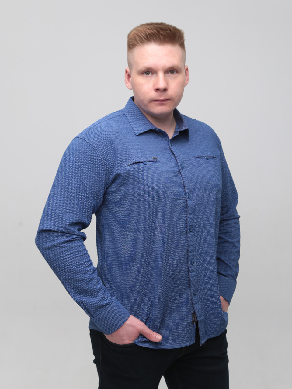 Сорочка чоловіча синя в клітку жатка 8807-2