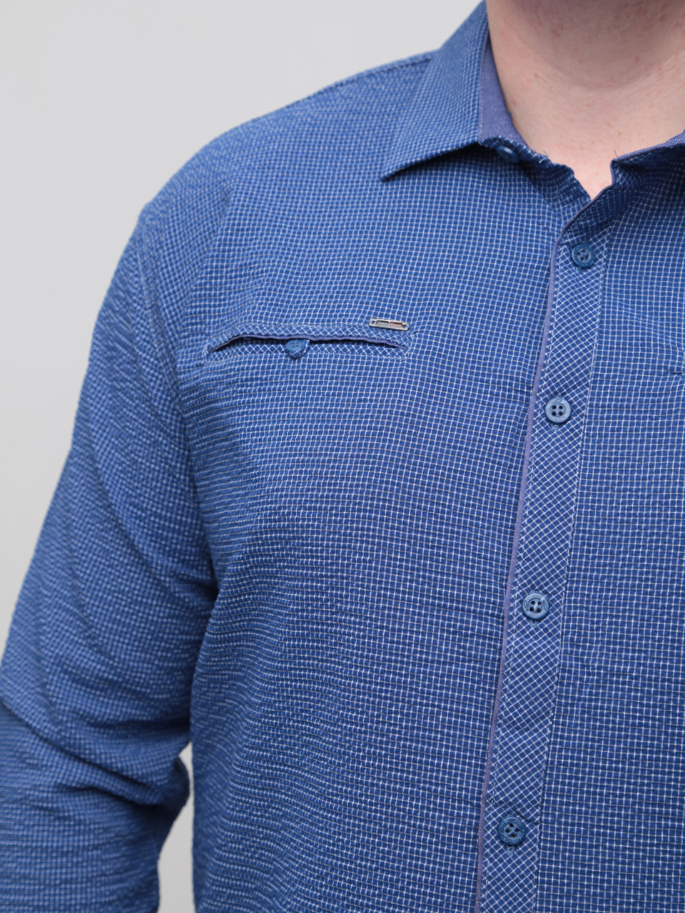 Сорочка чоловіча синя в клітку жатка 8807-2