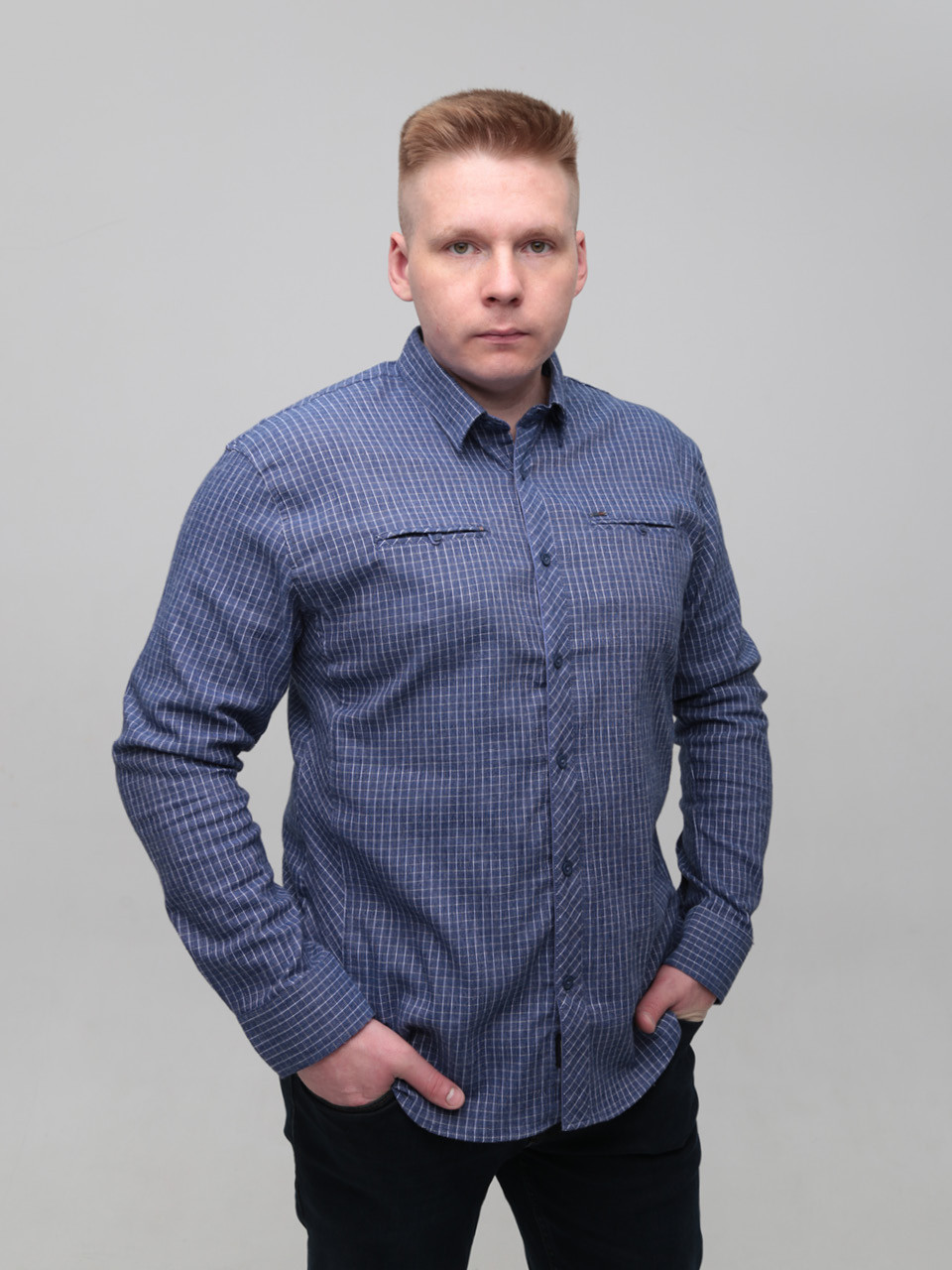 Сорочка чоловіча синя байкова в клітку 5505-2