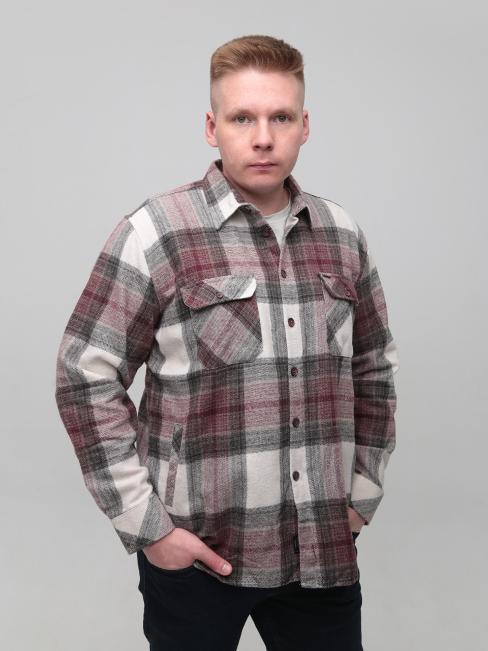 Сорочка чоловіча бордова байкова в клітку 1715-3