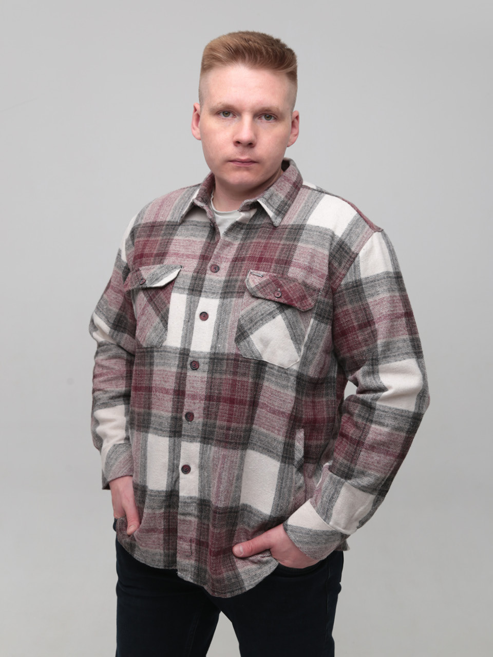 Сорочка чоловіча бордова байкова в клітку 1715-3