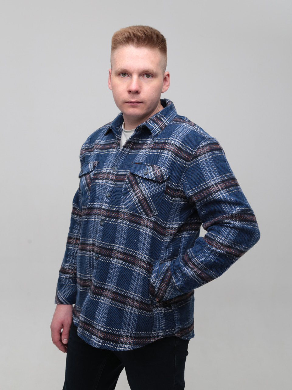 Сорочка чоловіча синя байкова в клітку 1712-3