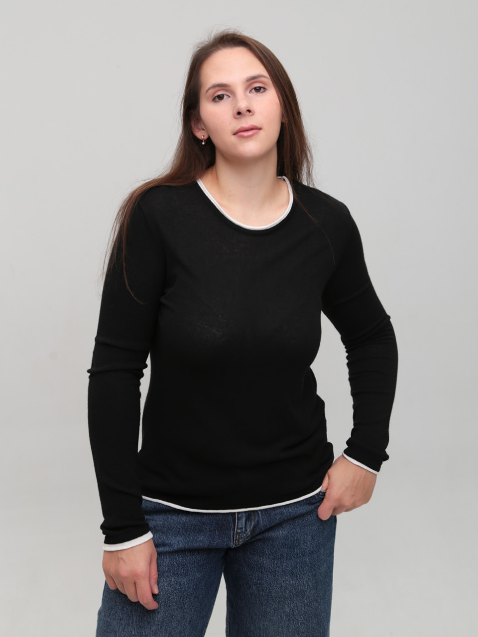 Лонгслів-сітка жіночий тонкий чорний прямий 12252-1-Т