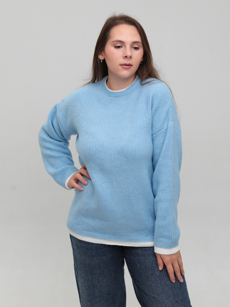 Свитер женский голубой теплый прямой 8535-4-Т