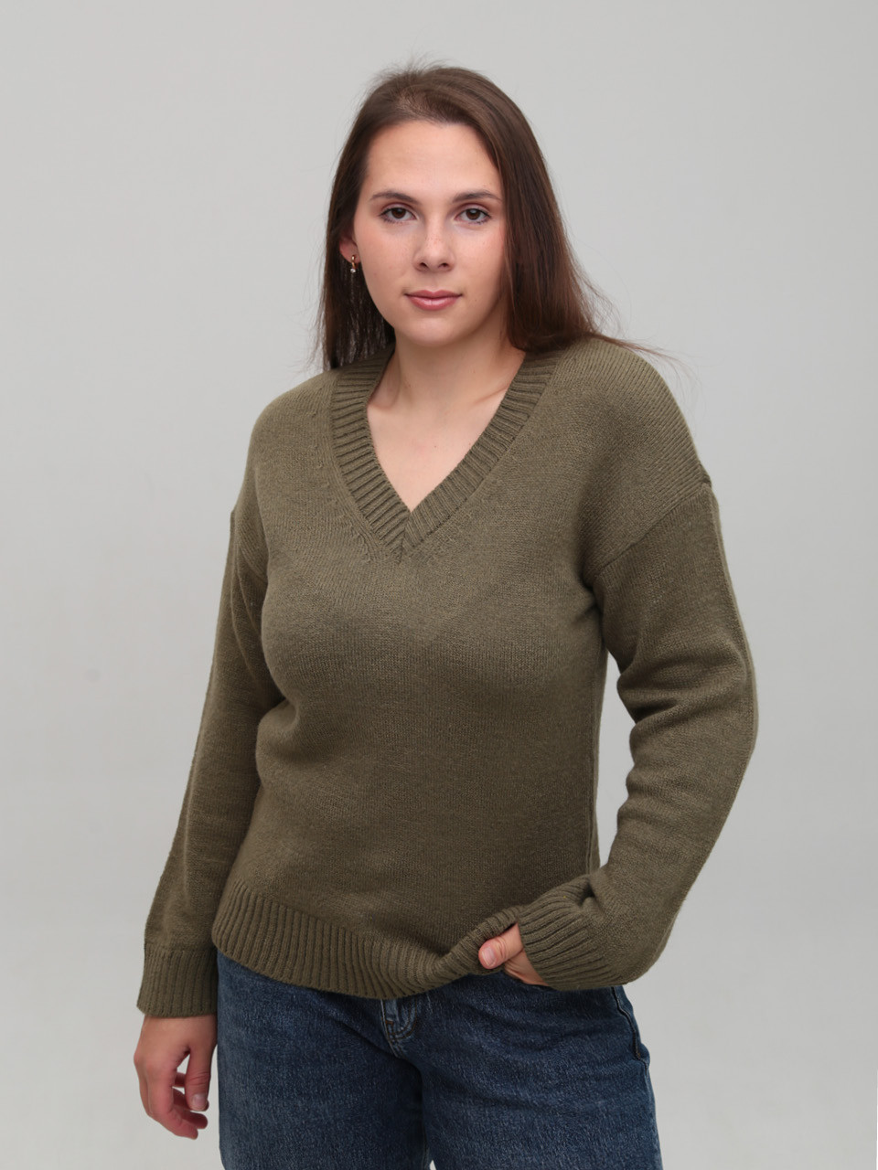 Свитер женский хаки теплый с V-образным вырезом 8553-8-Т-V
