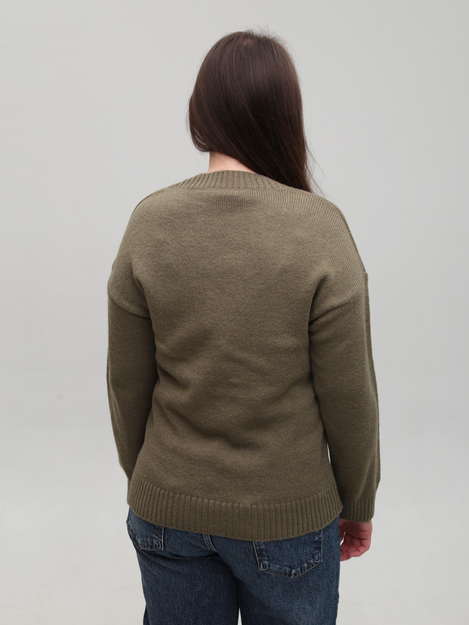 Свитер женский хаки теплый с V-образным вырезом 8553-8-Т-V