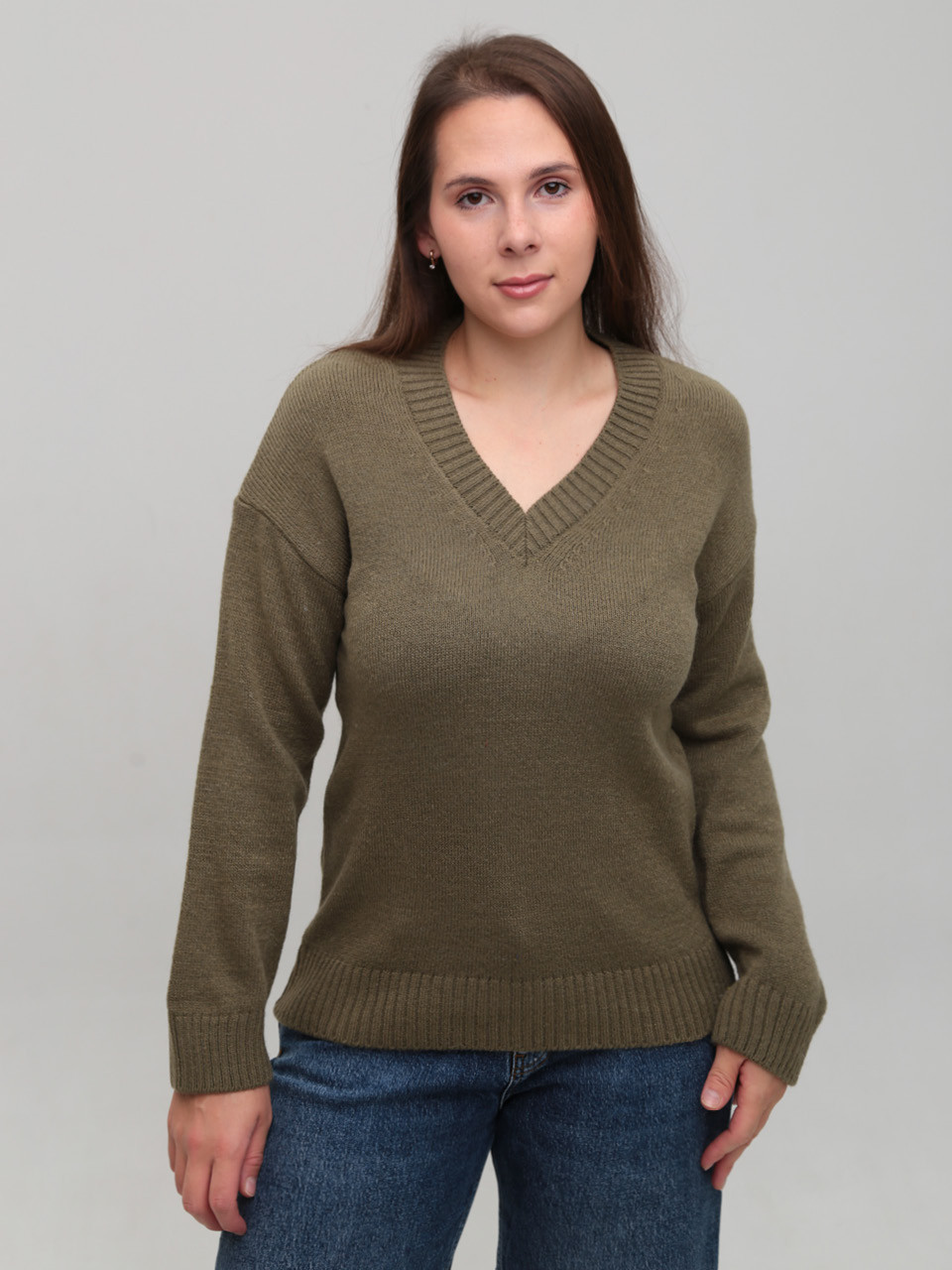 Свитер женский хаки теплый с V-образным вырезом 8553-8-Т-V