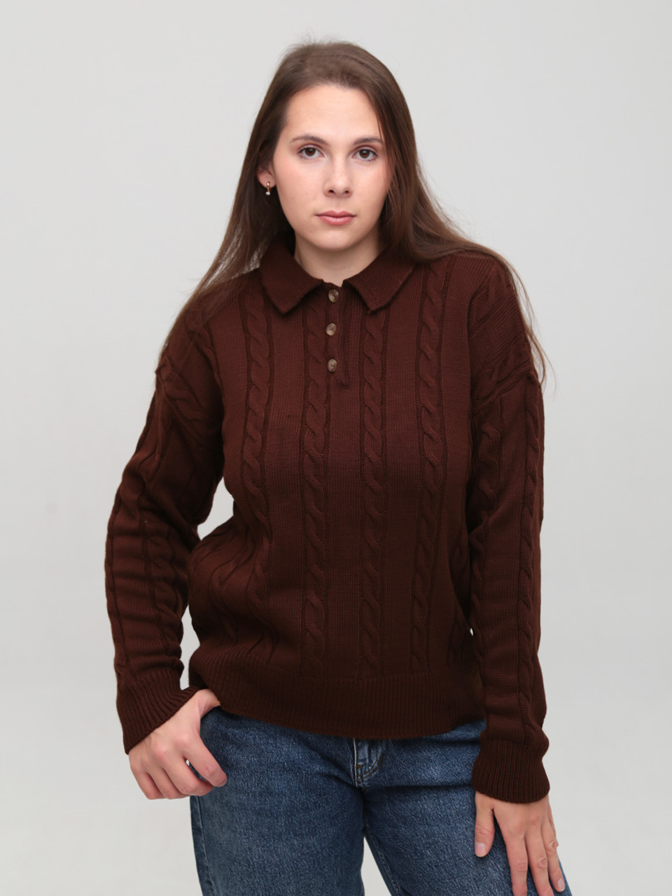 Светр-поло жіночий коричневий з комірцем 8554-9-Т