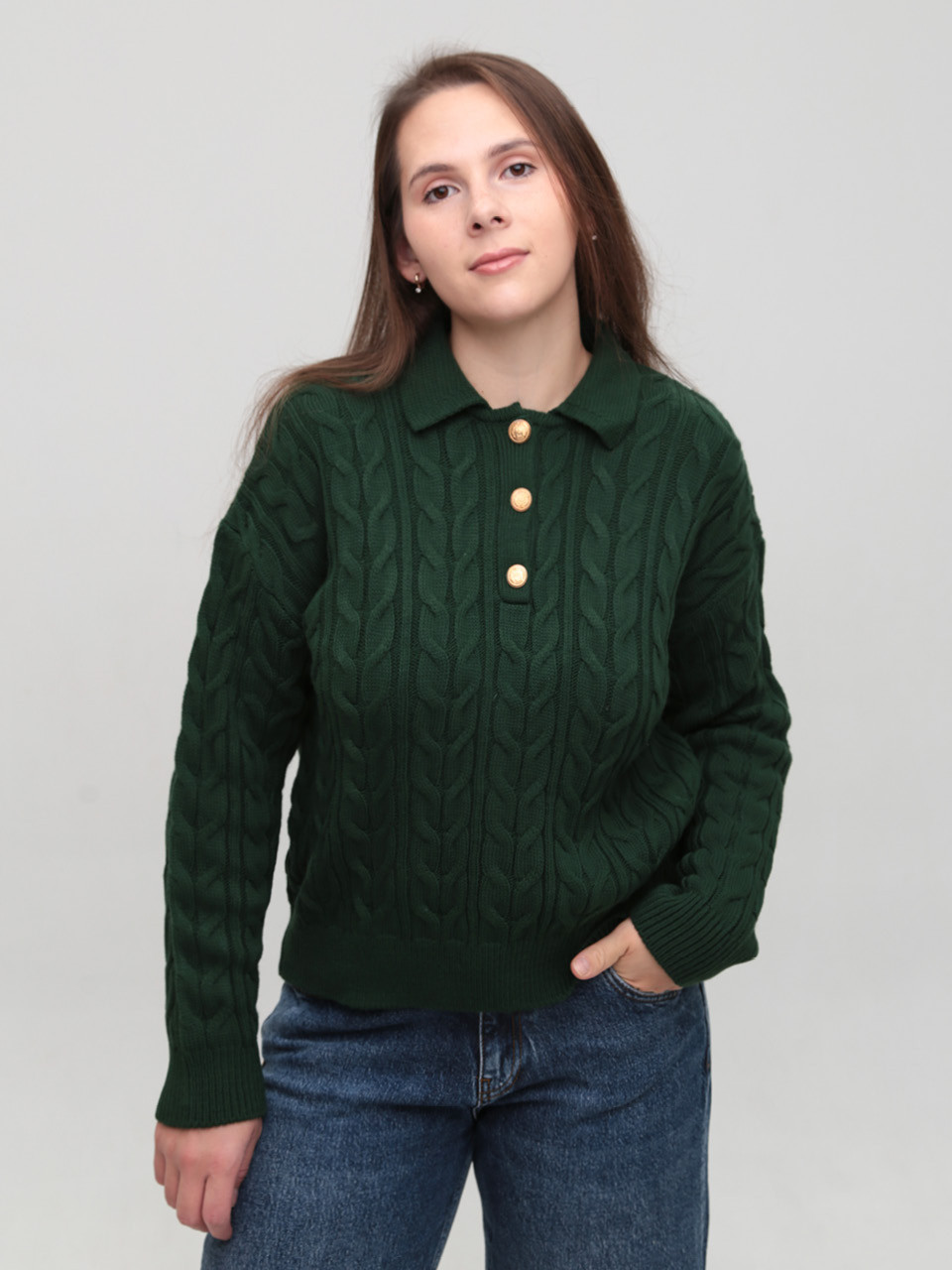 Светр-поло жіночий зелений з комірцем 8530-17-Т