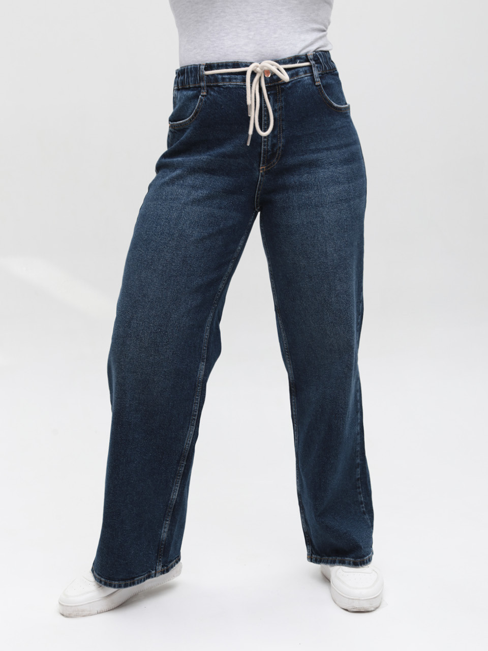 Джинси жіночі широкі темно-сині з резинкою на поясі великі розміри 3241-B-048