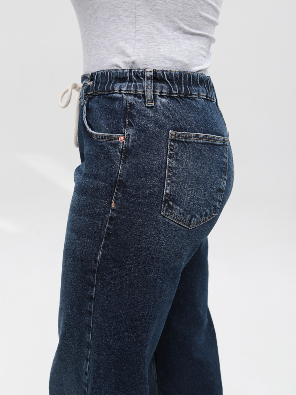 Джинси жіночі широкі темно-сині з резинкою на поясі великі розміри 3241-B-048