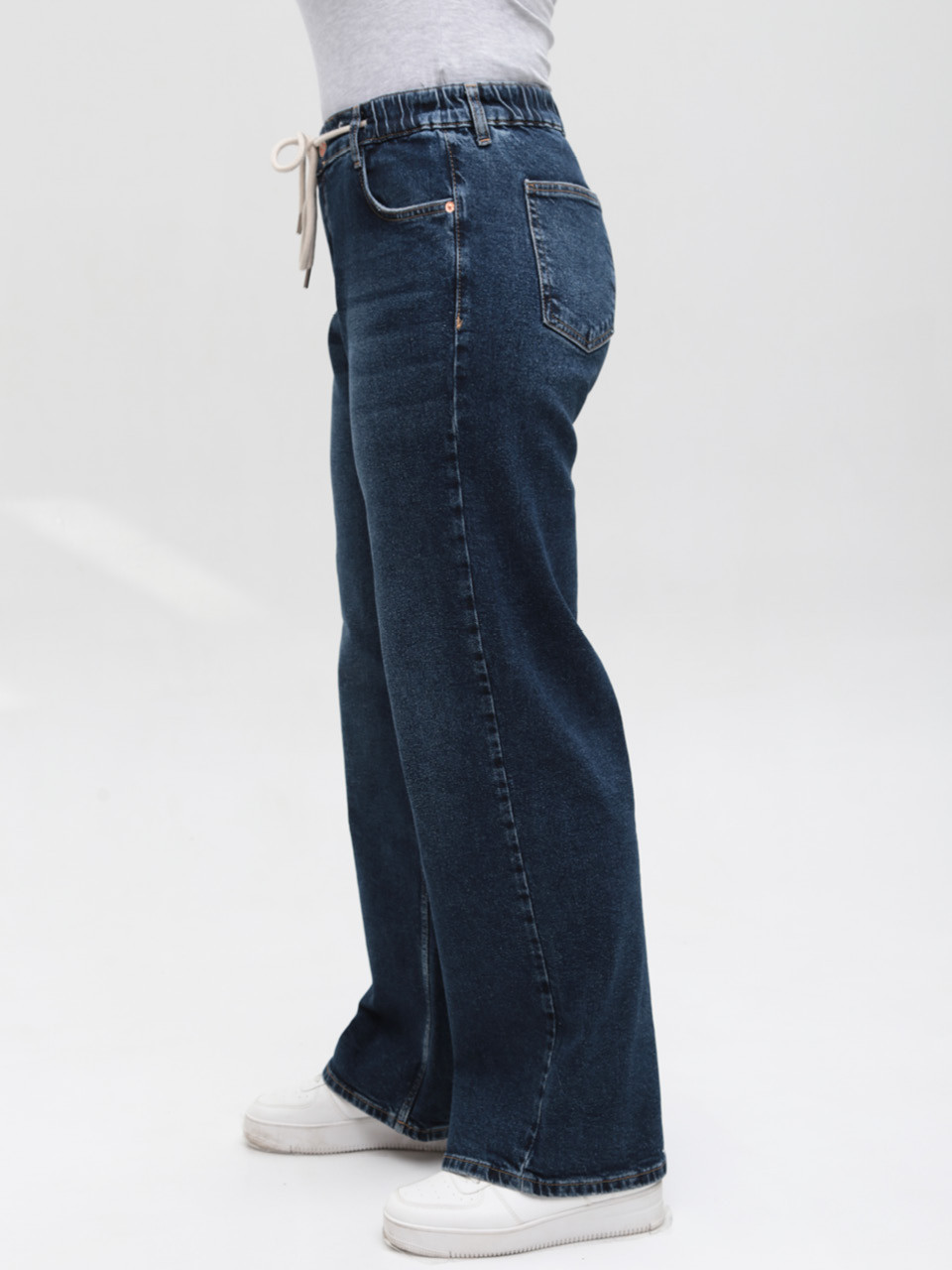 Джинси жіночі широкі темно-сині з резинкою на поясі великі розміри 3241-B-048