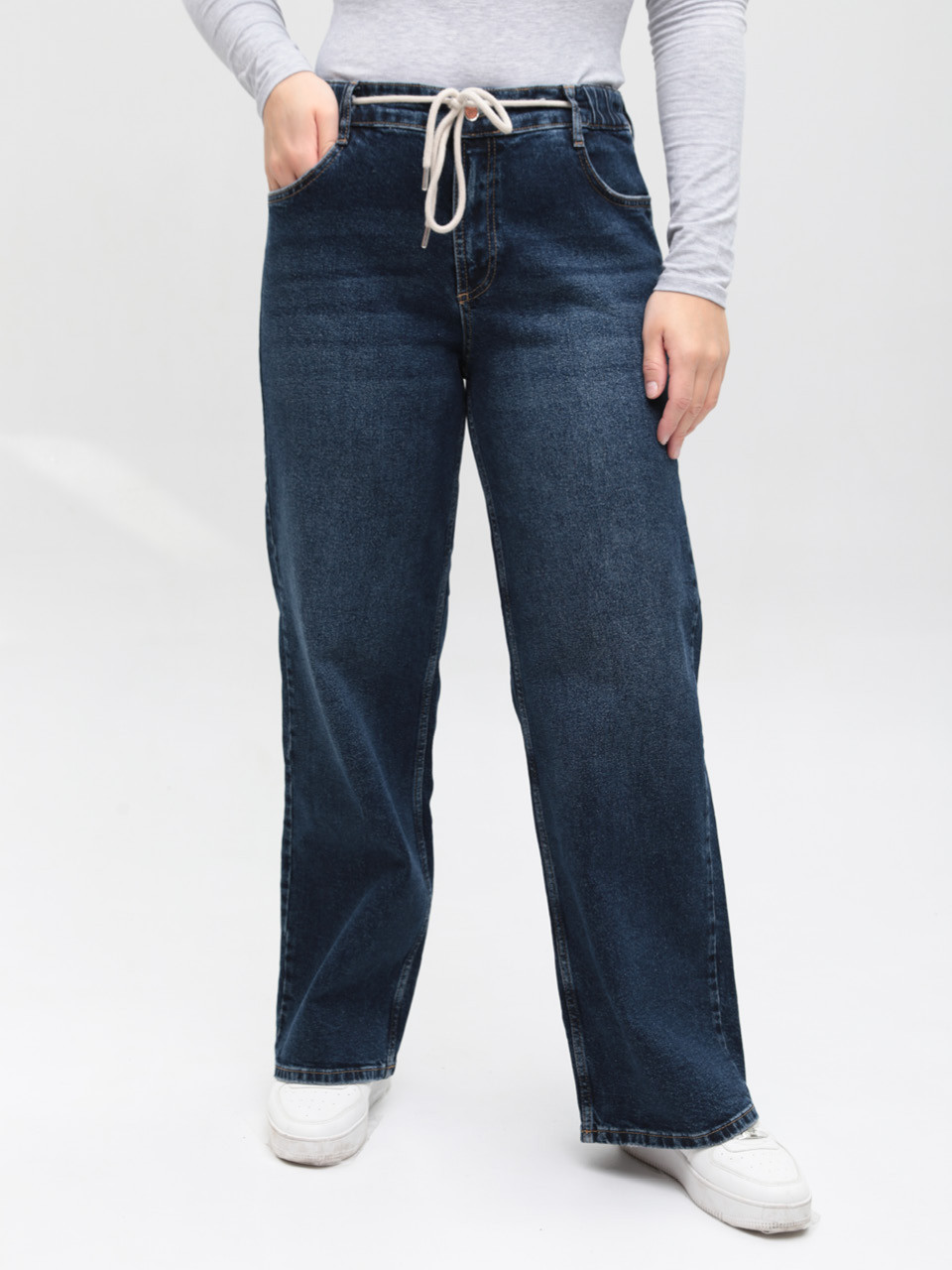 Джинси жіночі широкі темно-сині з резинкою на поясі великі розміри 3241-B-048