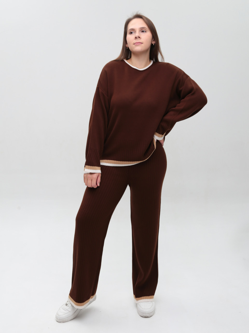 Костюм женский вязаный коричневый теплый свитер с брюками  12227-9