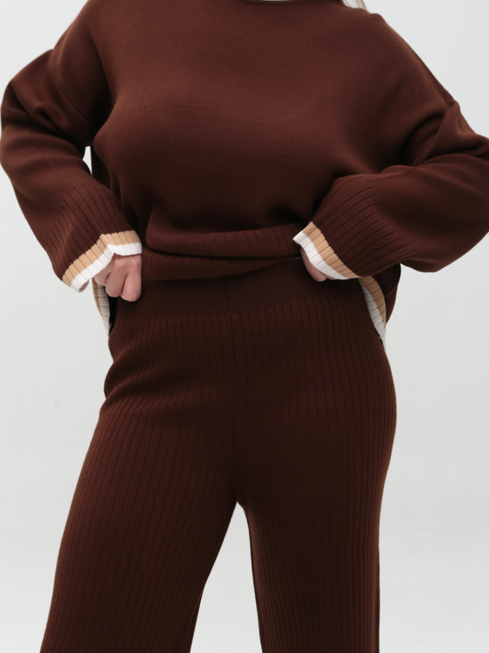 Костюм женский вязаный коричневый теплый свитер с брюками  12227-9
