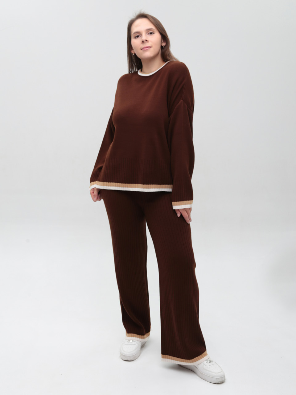 Костюм женский вязаный коричневый теплый свитер с брюками  12227-9