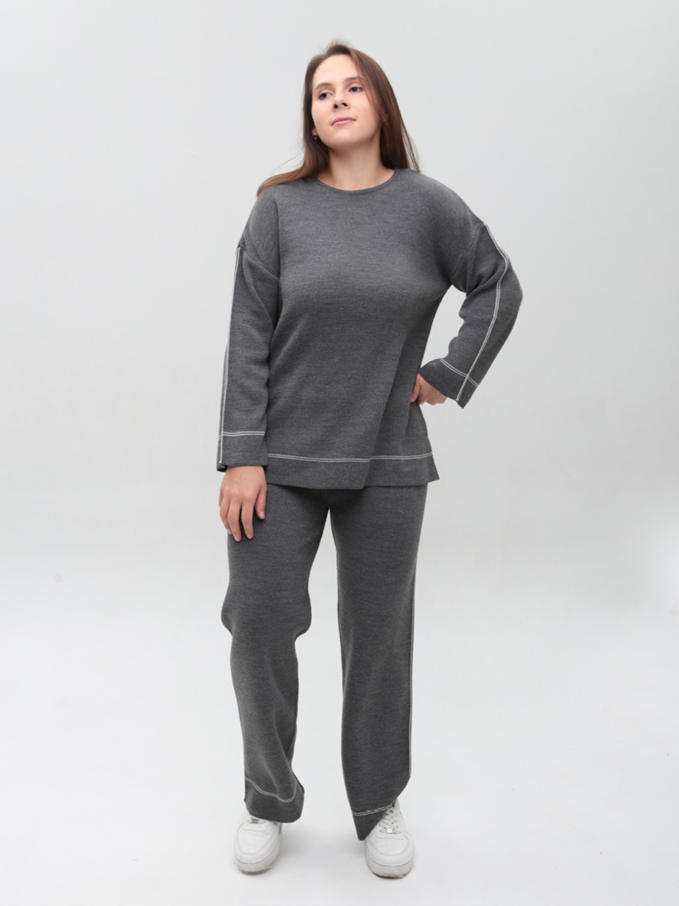 Костюм женский вязаный серый свитер с брюками 12228-3